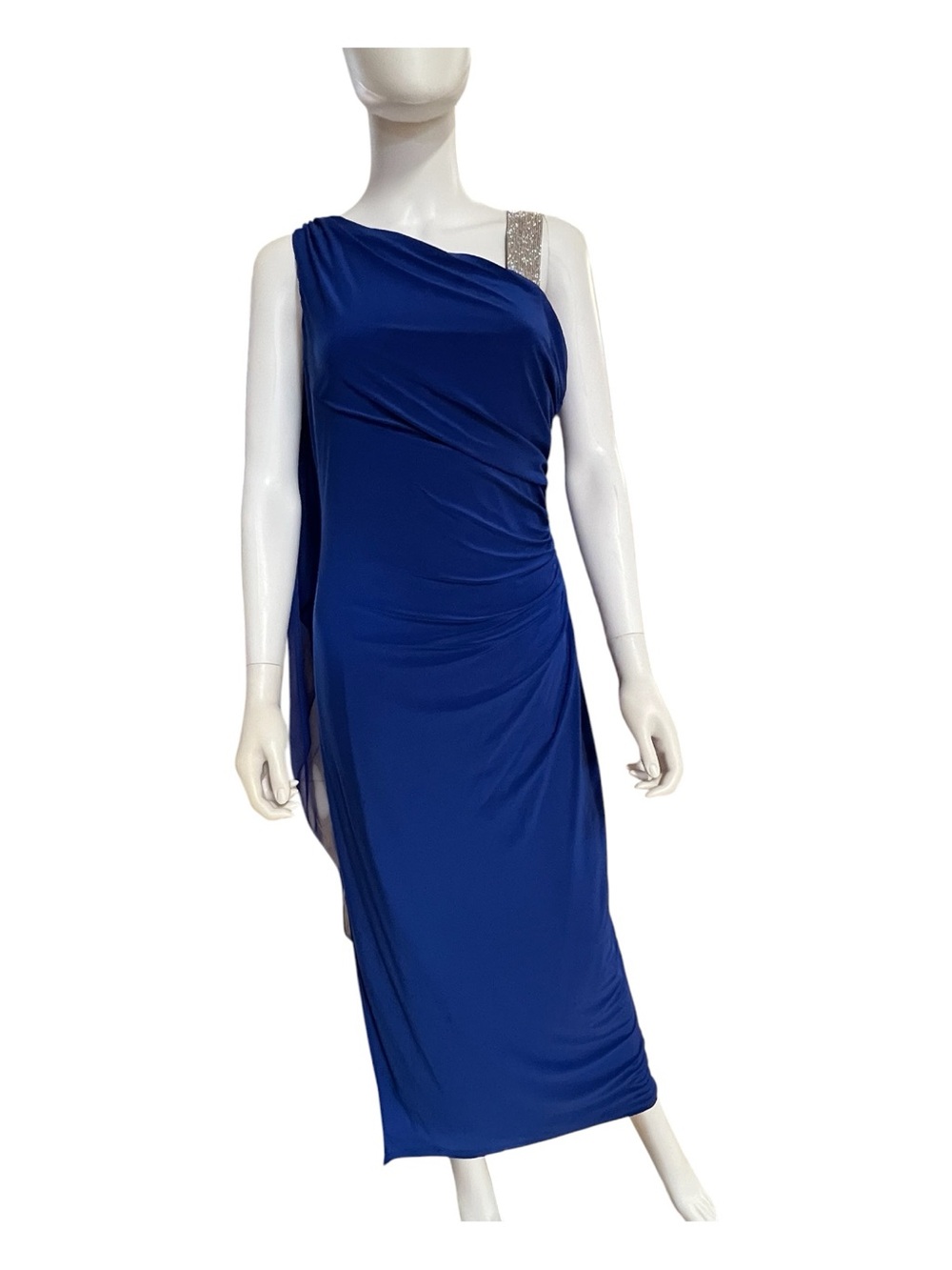 🆕 NWT Marina Cobalt Blue One Shoulder Cape Evening Gown | Size 8